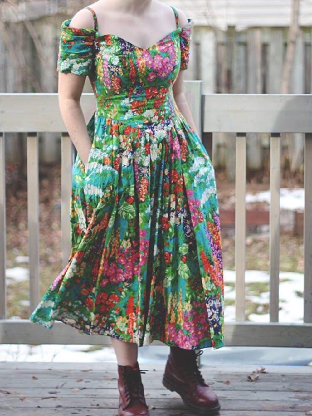 Bold Vintage off shoulder green floral midi dress